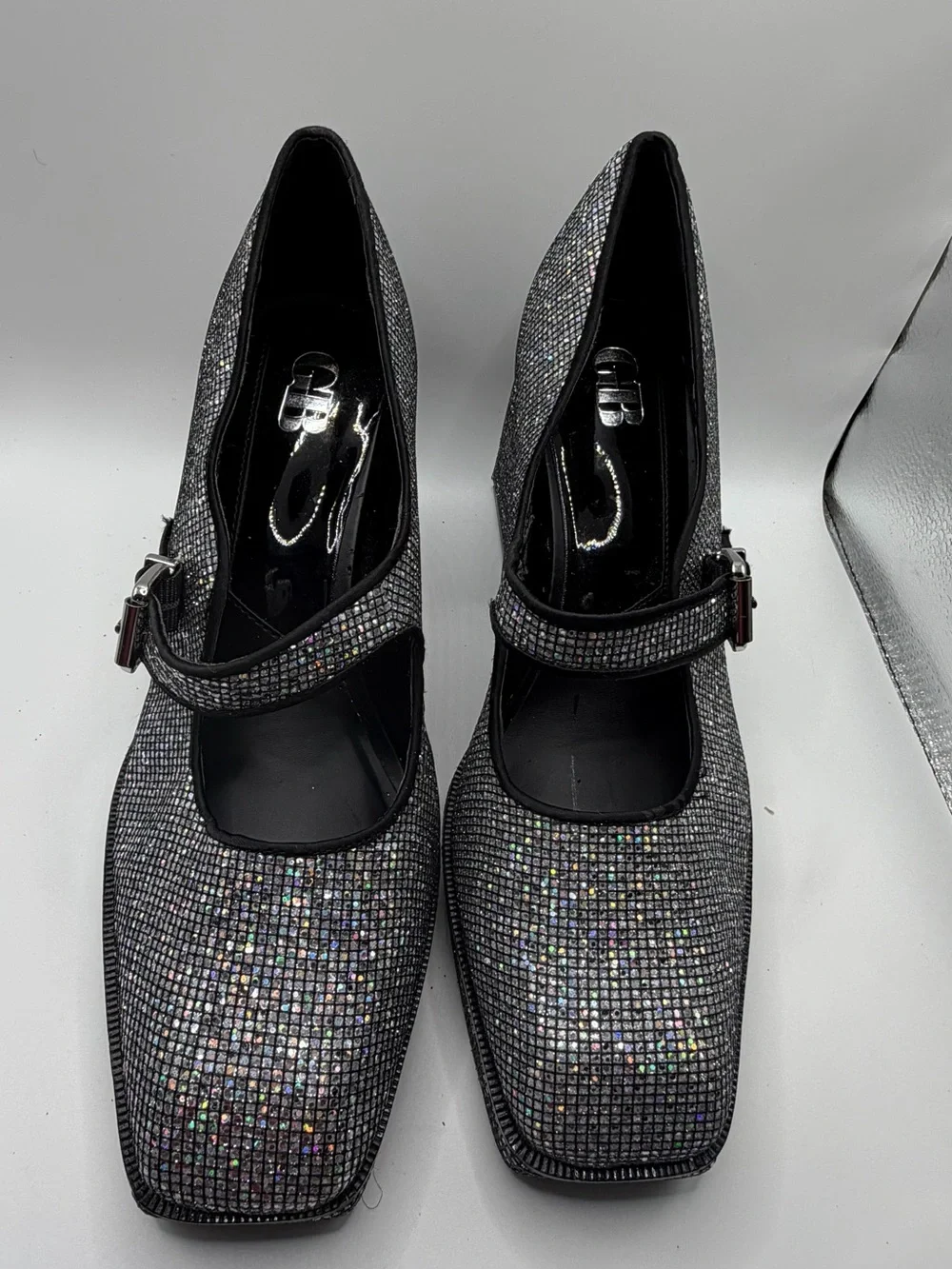 Gianni Bini Silver “Aurora” Disco-Style Glitter Mary Jane Platform Heels